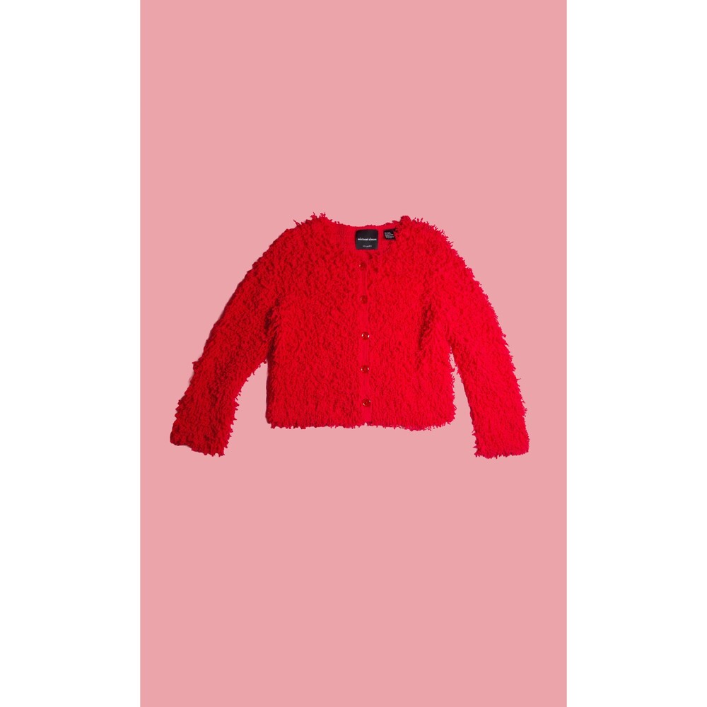 1999 MICHAEL SIMON Bright Red SHAG Shaggy Fuzzy Button Up Cardigan. Small. As Is